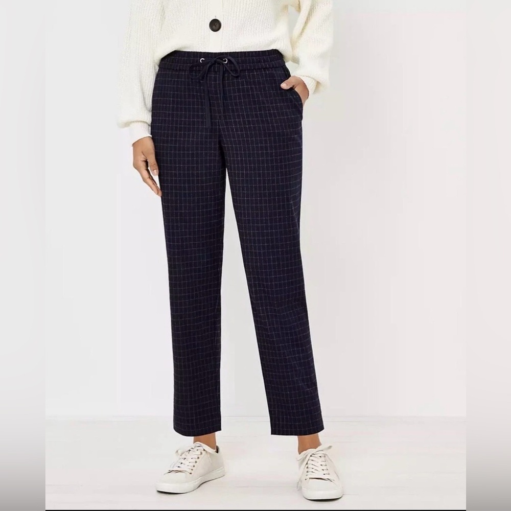 NWT LOFT Pull On Navy/Gray Pants Windowpane Brushed Flannel - Size Small